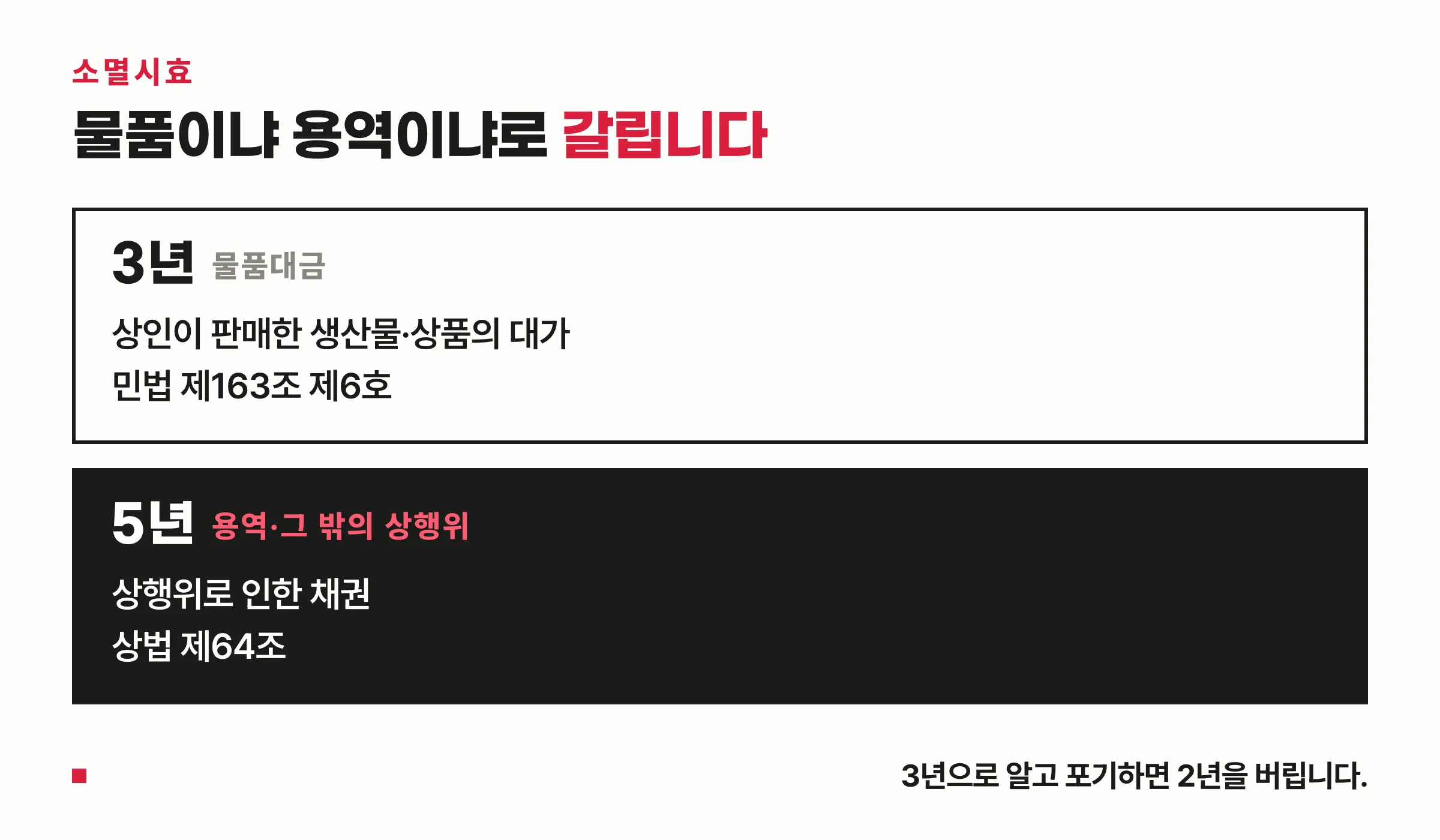 물품대금 3년과 용역 등 상행위 5년을 위아래로 맞세워 근거 조항까지 적은 대비도