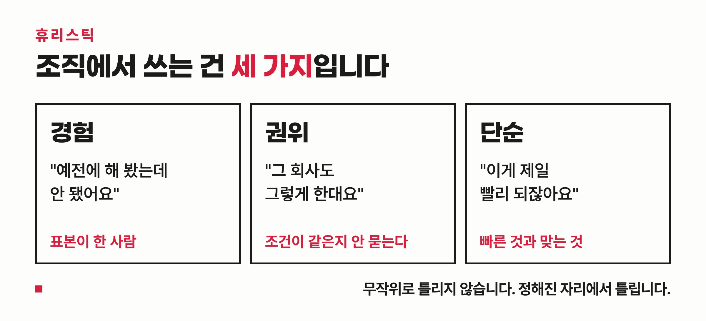 조직에서 쓰이는 휴리스틱 세 가지 — 경험·권위·단순을 판단 속도와 맹점으로 나눈 도식