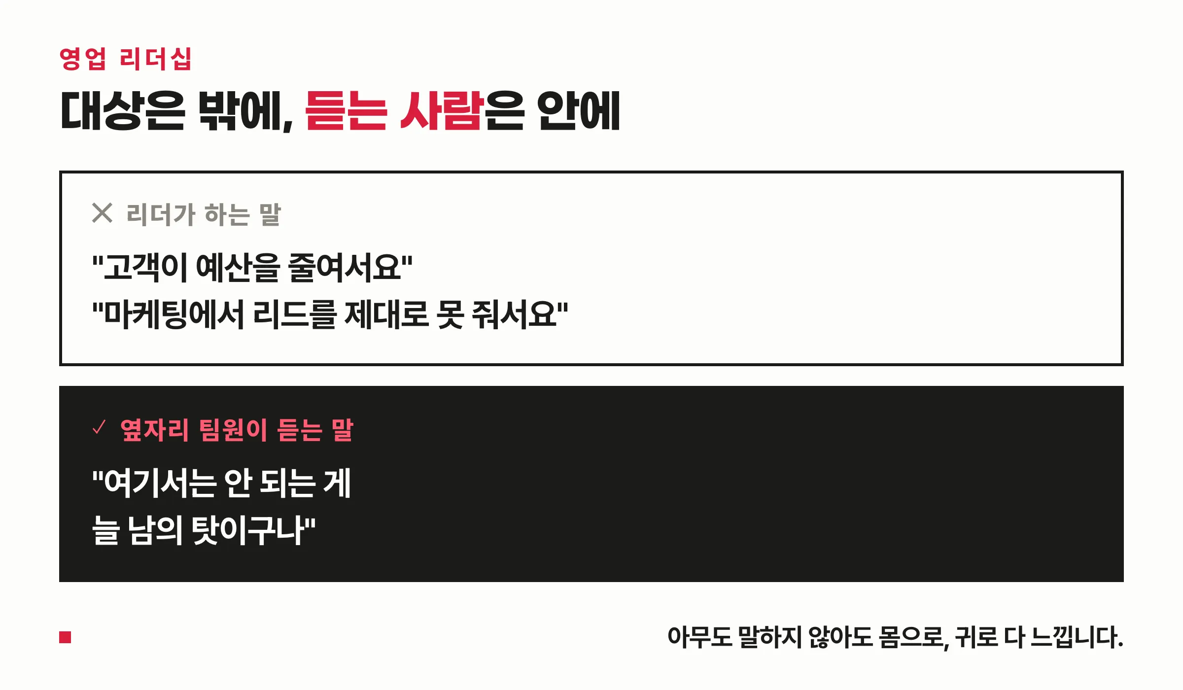 영업 리더십 대조 도식 — 리더가 외부를 향해 하는 말과 그 말을 팀이 어떻게 듣는지 맞세운 구조도