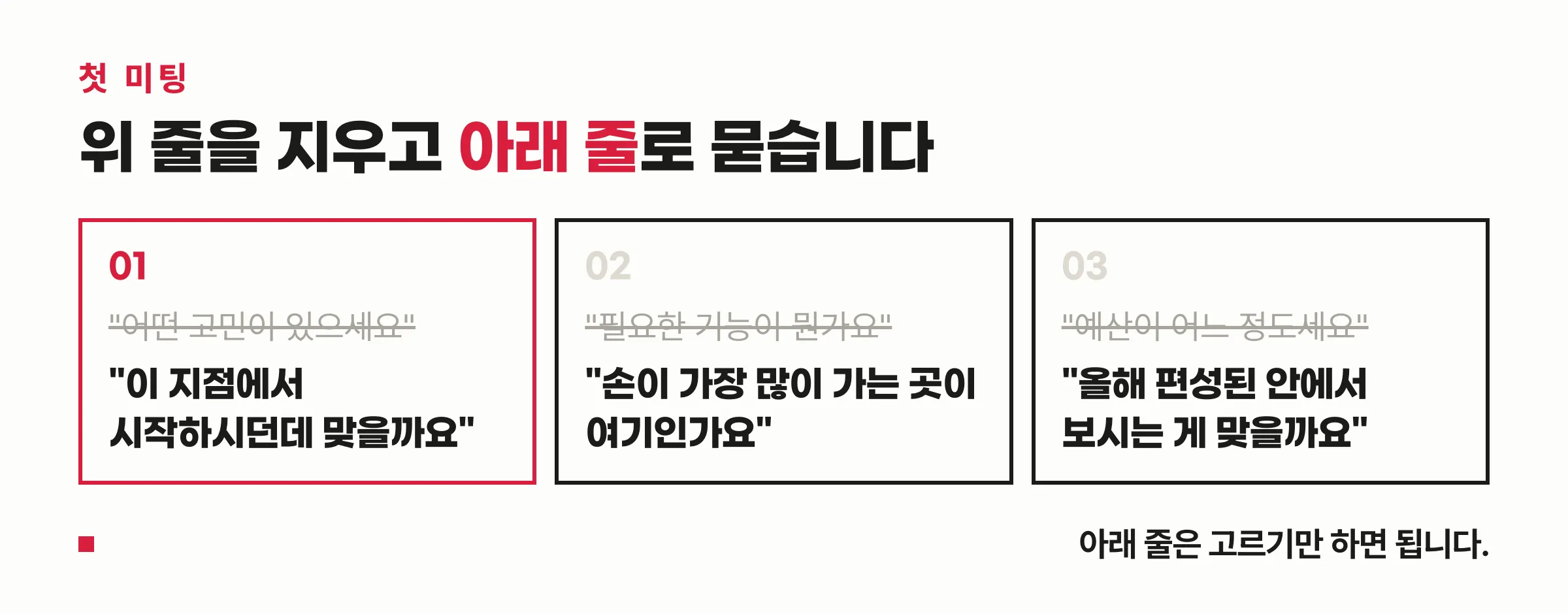열린질문 닫힌질문 교체 도식 — 첫 미팅에서 쓰던 열린 질문 세 개 위에 대신 물을 수 있는 문장을 얹은 대조표