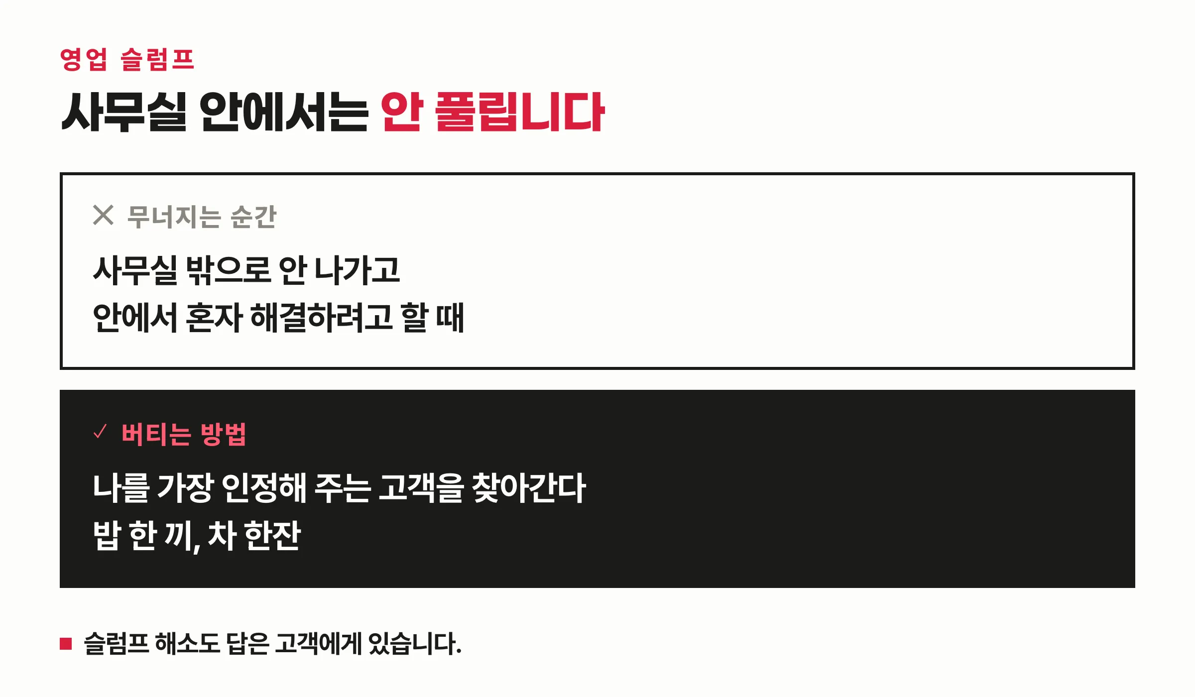 영업 슬럼프 때 무너지는 순간은 사무실 안에서 혼자 해결하려 할 때이고 버티는 방법은 나를 인정해 주는 고객을 찾아가 밥 한 끼 차 한잔 하는 것임을 위아래로 맞세운 도식