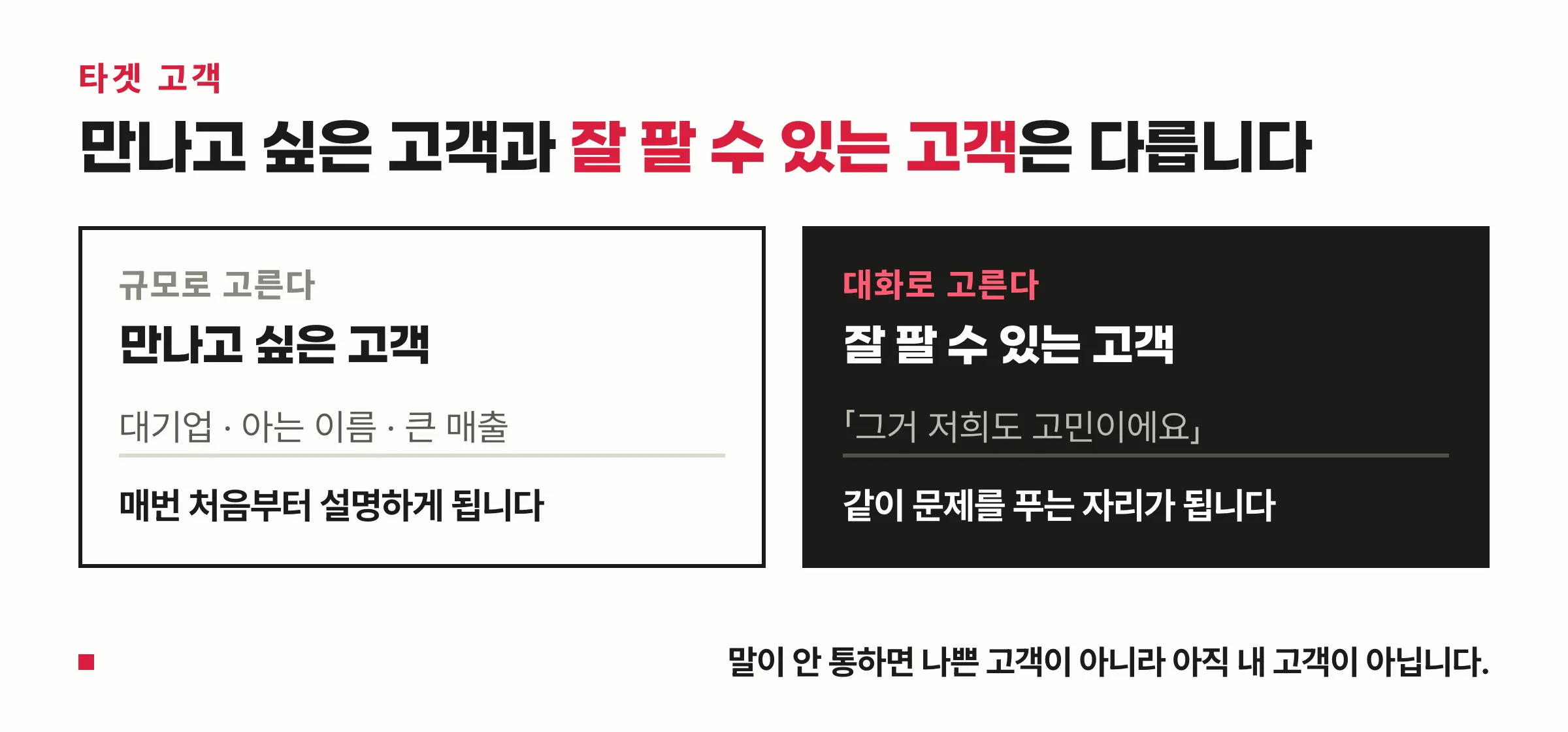 만나고 싶은 고객과 잘 팔 수 있는 고객의 대조 — 규모로 고르면 설명이 길어지고, 말이 통하는 쪽으로 고르면 같이 문제를 푸는 자리가 된다